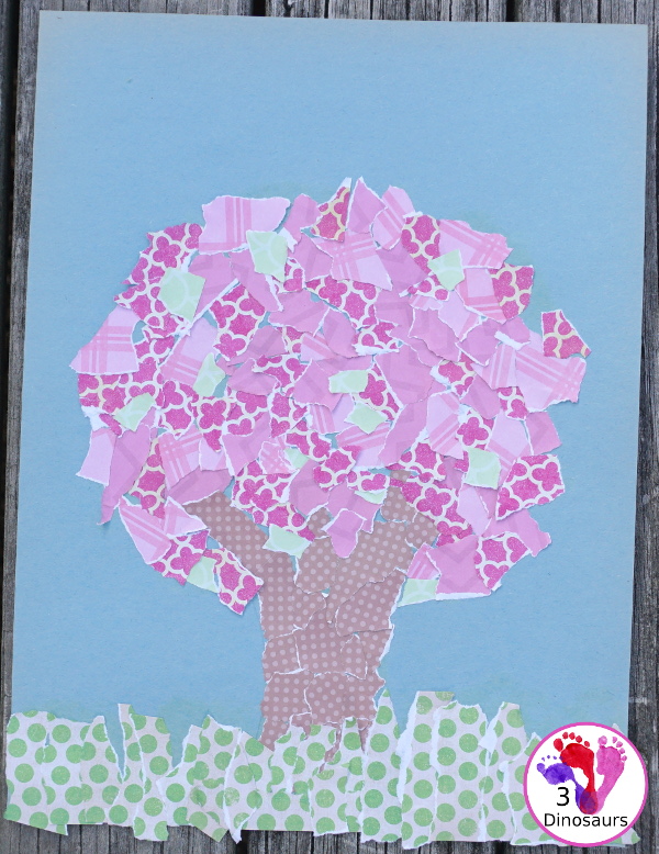 Torn Scrapbook Paper Spring Tree - fun and easy craft for different ages to work on together with work on fine motor skills to make a fun spring craft  - 3Dinosaurs.com