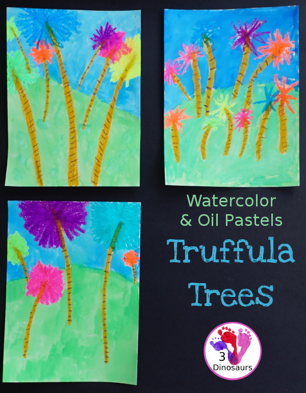 Watercolor & Oil Pastel Truffula Trees - a fun and easy way to do a mixed media art project with kids for the book The Lorax  - 3Dinosaurs.com