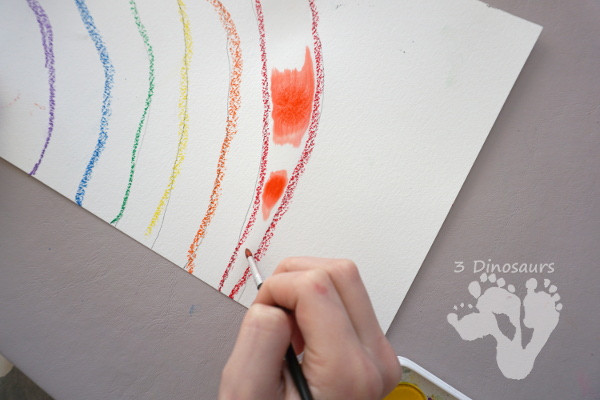 Watercolor Rainbow Process Art - kids can great creative and explore how water spreads things out with this craft for St. Patricks Day or springtime  - 3Dinosaurs.com