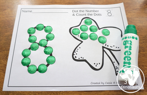 Clover & Rainbow Dot the Number Count the Number - this is a fun counting activity with dot markers that works on numbers 0 to 20 with color or black and white options - 3Dinosaurs.com #stpatricksday #dotmaker #doadot #numbers #counting  #kindergarten #prek