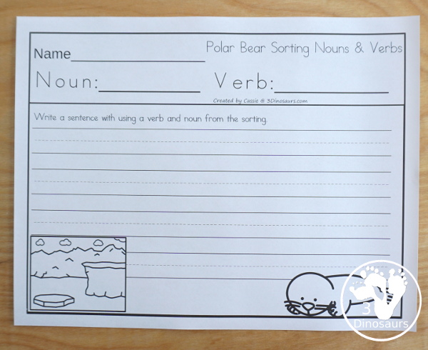 Free Polar Bear Sorting Nouns & Verbs with Polar Bears Past Bedtime - 20 sorting cards for nouns and verbs with sorting mat and writing worksheet - 3Dinosaurs.com