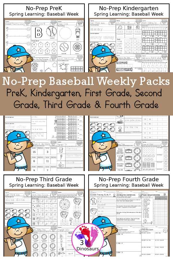 Baseball Day No-Prep Weekly Packs PreK, Kindergarten, First Grade, Second Grade, Third Grade & Fourth Grade with 5 days of activities to do for each grade level - You will find math, language, and more - These are easy to use packs for homework, distance learning, and morning work. Easy no-prep printables to for kids - 3Dinosaurs.com - 3Dinosaurs.com