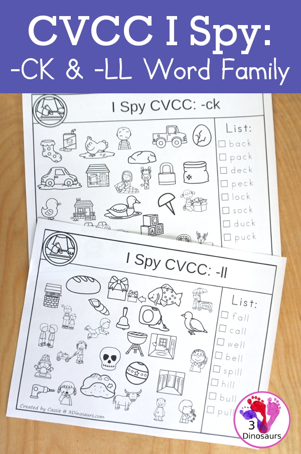 Free CVCC I Spy  - LL & -CK Word Families - two set of pages for each ending. You have find the words andthen color the word ending - 3Dinosaurs.com