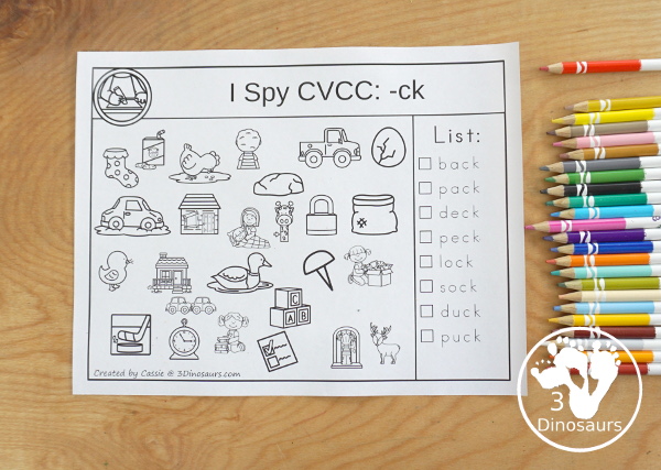 CVCC I Spy  - LL & -CK Word Families - two set of pages for each ending. You have find the words andthen color the word ending - 3Dinosaurs.com