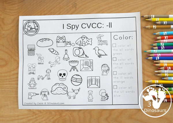 CVCC I Spy  - LL & -CK Word Families - two set of pages for each ending. You have find the words andthen color the word ending - 3Dinosaurs.com