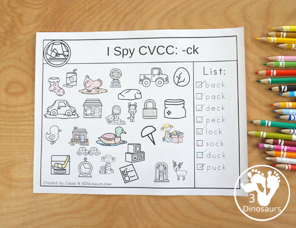 CVCC I Spy  - LL & -CK Word Families - two set of pages for each ending. You have find the words and then color the word ending - 3Dinosaurs.com