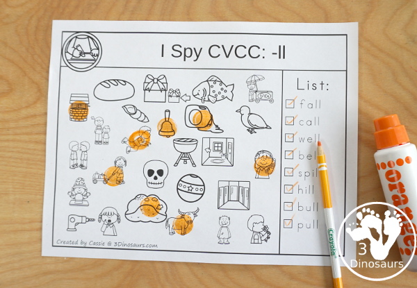 CVCC I Spy  - LL & -CK Word Families - two set of pages for each ending. You have find the words and then color the word ending - 3Dinosaurs.com