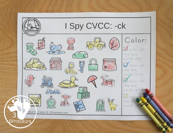 CVCC I Spy  - LL & -CK Word Families - two set of pages for each ending. You have find the words and then color the word ending - 3Dinosaurs.com