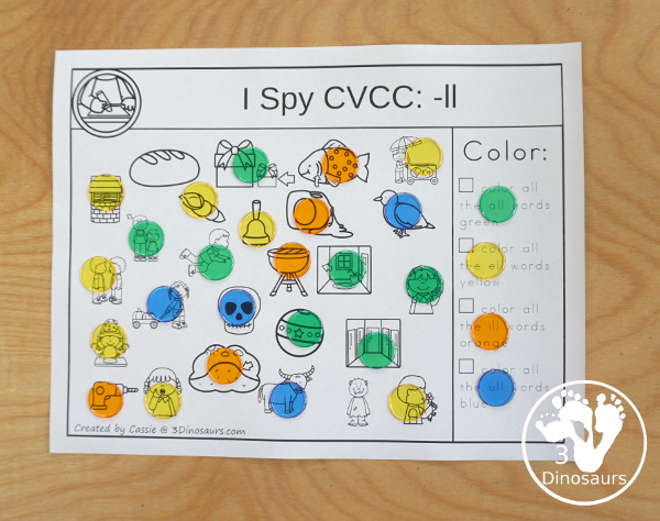 CVCC I Spy  - LL & -CK Word Families - two set of pages for each ending. You have find the words andthen color the word ending - 3Dinosaurs.com