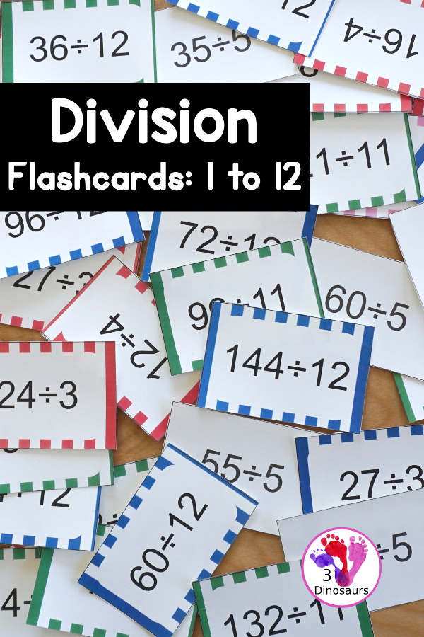 Free Division Flashcard Printable - with division from 1 to 12 with white, red, green, pink and blue options for the cards - 3Dinosaurs.com