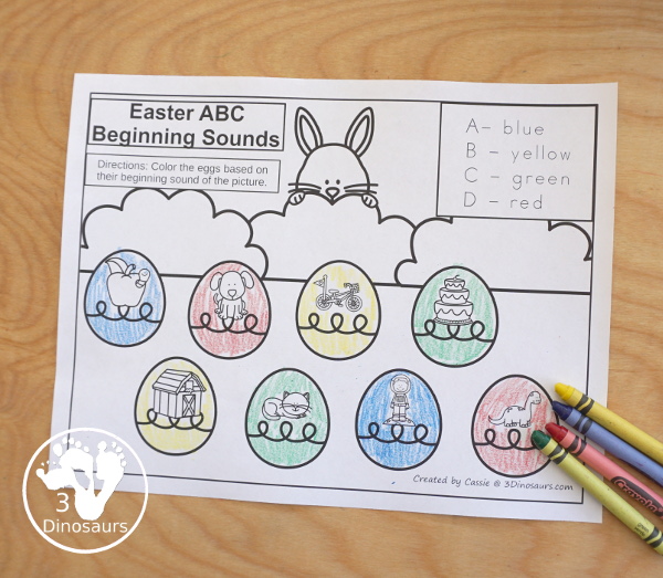 Free Easter Beginning Sound Coloring Printable - with four letter on each page work on coloring the beginning sound of each letter on the pages - Easy no-prep printable for learning in kindergarten and prek - 3Dinosaurs.com