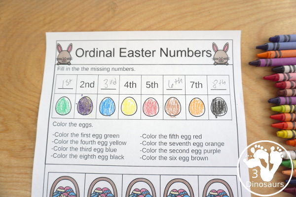 Free Easter Egg Ordinal Number - working on ordinal numbers from 1 to 10 for kids with matching cards and a worksheet - 3Dinosaurs.com