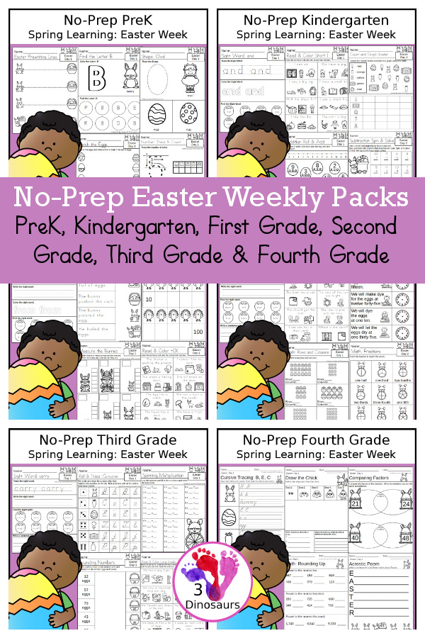 Easter Day No-Prep Weekly Packs PreK, Kindergarten, First Grade, Second Grade, Third Grade & Fourth Grade with 5 days of activities to do for each grade level - You will find math, language, and more - These are easy to use packs for homework, distance learning, and morning work - Easter egg and bunny themes in these fun packs for Easter - 3Dinosaurs.com