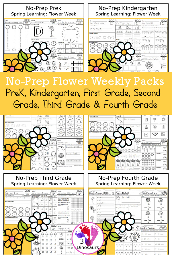 Flower Day No-Prep Weekly Packs PreK, Kindergarten, First Grade, Second Grade, Third Grade & Fourth Grade with 5 days of activities to do for each grade level - You will find math, language, and more - These are easy to use packs for homework, distance learning, and morning work. Easy no-prep printables for kids - several flowers in each pack to use with kids - 3Dinosaurs.com 