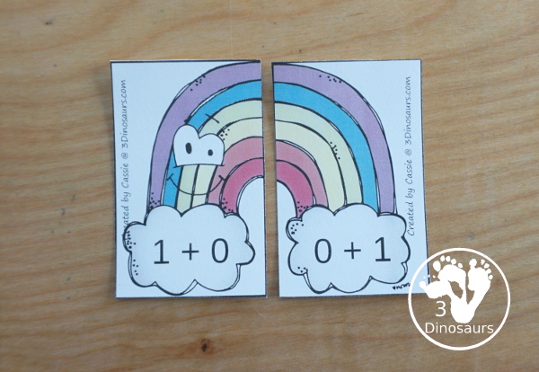 Free Rainbow Addition Matching - a fun addition matching game adding numbers from 1 to 20  with two piece puzzles and matching number bond mat for kindergarten and first grade - 3Dinosaurs.com
