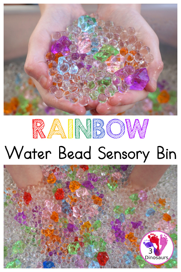 Rainbow Colors Water Bead Sensory Bin – 3 Dinosaurs