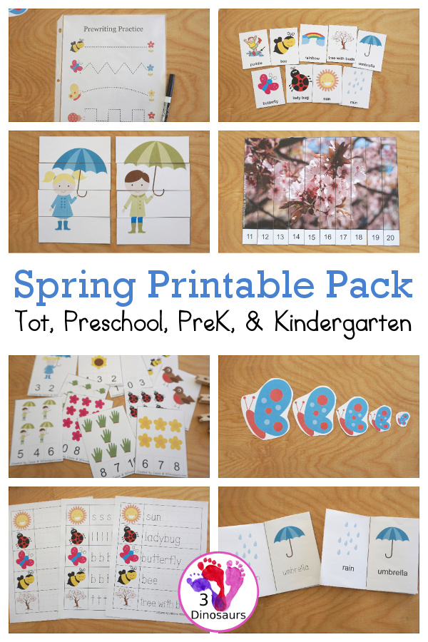 Free Spring Printable Pack for Tot, PreK & Kindergarten - with vocab cards, 3 part cards, puzzles, addition, small books, writing, pocket charts cards and more with 80 pages in the Prek & Kindergarten Spring Pack and 19 pages is in the Tot & Preschool Spring Pack - 3Dinosaurs.com