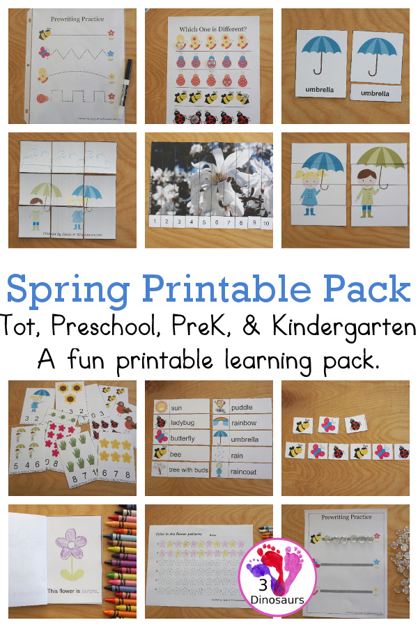 Free Spring Printable Pack for Tot, PreK & Kindergarten - with vocab cards, 3 part cards, puzzles, addition, small books, writing, pocket charts cards and more with 80 pages in the Prek & Kindergarten Spring Pack and 19 pages is in the Tot & Preschool Spring Pack - 3Dinosaurs.com