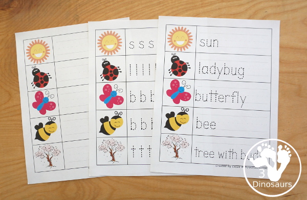 Free Spring printable - printable spring vocal words for tracing word, writing word and tracing beginning sounds - 3Dinosaurs.com