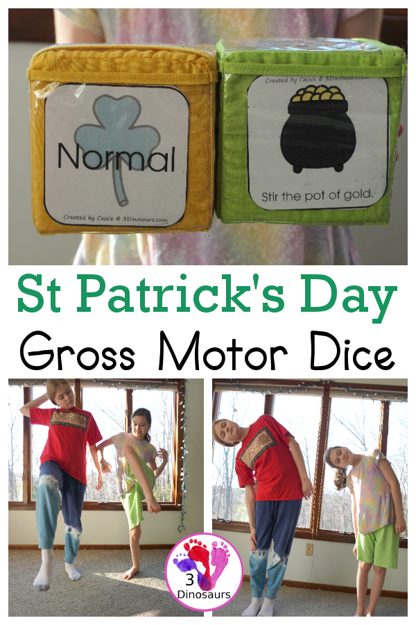 Free St Patrick's Day Gross Motor Dice - a fun dice set with 6 gross motor movements and a speed dice all with a St. Patrick's Day theme - 3Dinosaurs.com