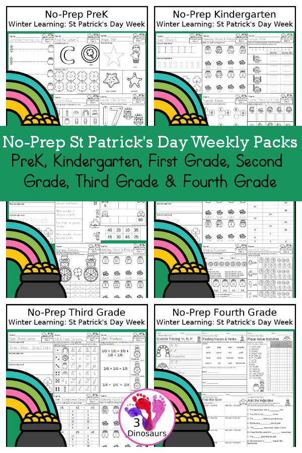 St. Patrick's Day No-Prep Weekly Packs PreK, Kindergarten, First Grade, Second Grade, Third Grade & Fourth Grade with 5 days of activities to do for each grade level - You will find math, language, and more - These are easy to use packs for homework, distance learning, and morning work - 3Dinosaurs.com