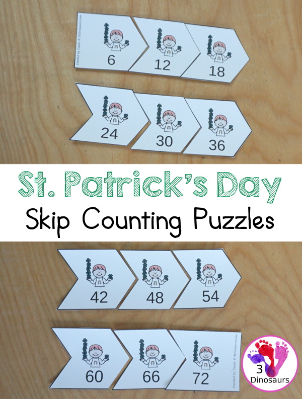 Free St Patrick's Day Skip Counting 6 Puzzles - A fun arrow puzzles for kids to put all numbers in order skip counting by six with pictures - 3Dinosaurs.com