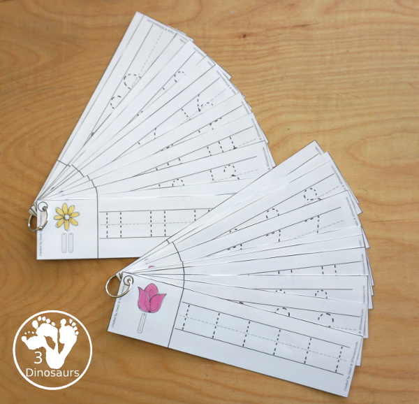 Free Flower Themed Number Tracing Strips - with numbers 0 to 20. You have numbers to trace and an example of how to trace the numbers with three fun flowers that are great for spring. - 3Dinosaurs.com