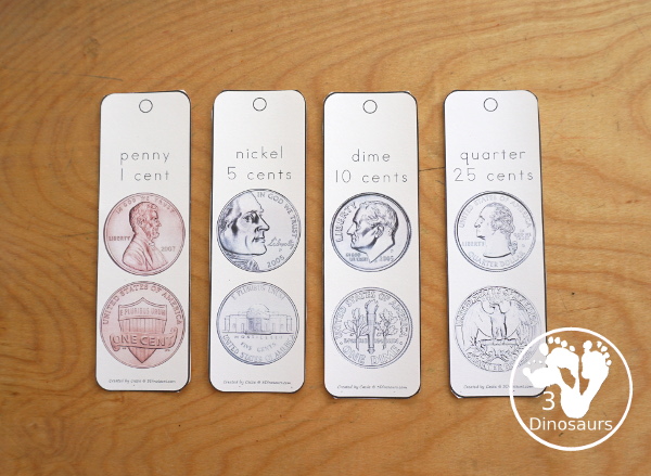 Free Money Bookmarks - they have penny, nickel, dime, and quarter for the bookmarks. - 3Dinosaurs.com