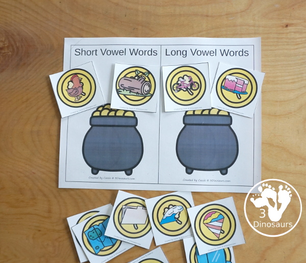 Free Pot of Gold Sorting CVC & CVCe Printable for sorting 6 CVC and 6 CVCe words with a  sorting mat and recording sheet - 3Dinosaurs.com