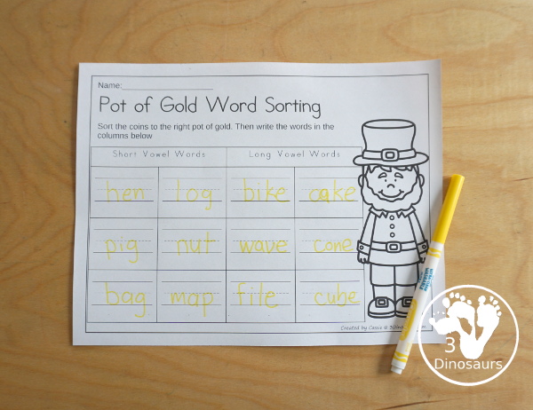 Free Pot of Gold Sorting CVC & CVCe Printable for sorting 6 CVC and 6 CVCe words with a  sorting mat and recording sheet - 3Dinosaurs.com