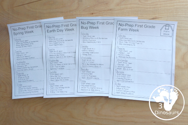 No-Prep Weekly Packs for the Spring for Prek to 4th Grade - with the following themes: Spring, Easter, Baseball, Earth Day, Flowers, Farm, Bugs, Butterflies, Garden, & Pond - 5 days of printables with 4 pages for each day - an easy no-prep printables for spring - 3Dinosaurs.com