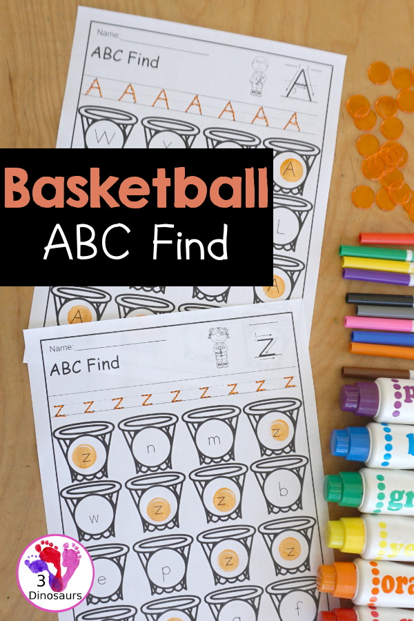 Basketball ABC Letter Find Printable with uppercase ABC finds and lowercase ABC finds. You trace the letters and then find the letter - 3Dinosaurs.com