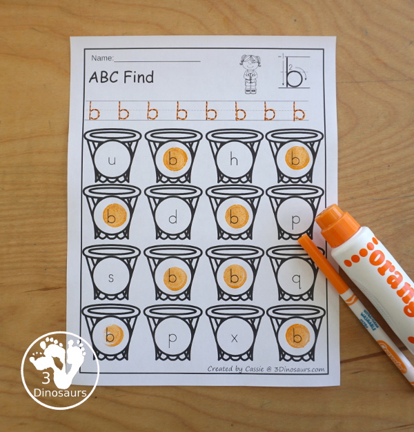 Basketball ABC Letter Find Printable with uppercase ABC finds and lowercase ABC finds. You trace the letters and then find the letter - 3Dinosaurs.com