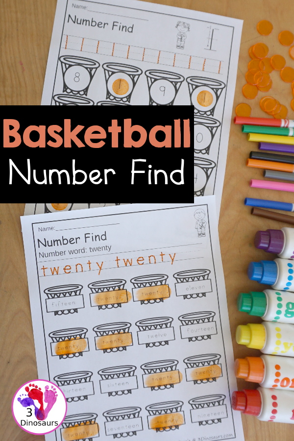 Basketball Number Find Printable with numbers 0 to 20. It has numerical numbers and number words. You have handwriting for numbers and the search and find the numbers on the hoops - 3Dinosaurs.com