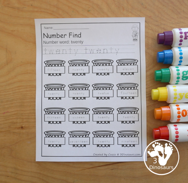 Basketball Number Find Printable with numbers 0 to 20. It has numerical numbers and number words. You have handwriting for numbers and the search and find the numbers on the hoops - 3Dinosaurs.com