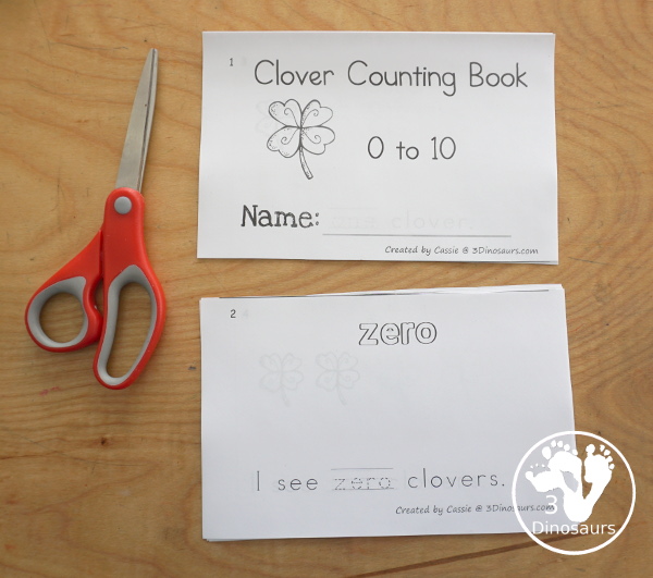 Free Clover Number Word Counting Book Printable - how to cut the easy reader book - 3Dinosaurs.com