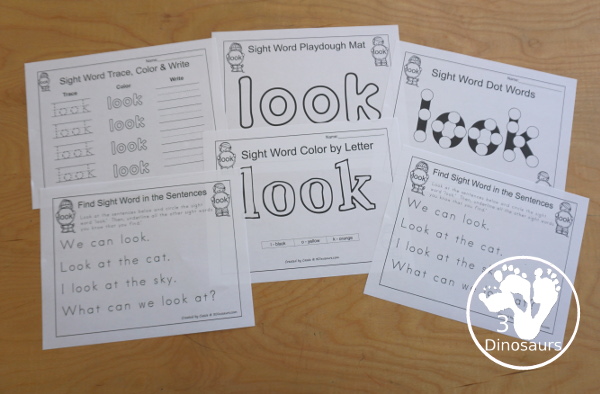 Romping & Roaring Preprimer Sight Words: look, make, me, my-  6 pages of activities for each preprimer sight words: look, make, me, my. These are great for easy to use learning centers - 3Dinosaurs.com