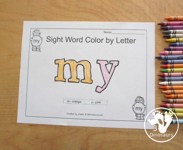 Romping & Roaring Preprimer Sight Words: look, make, me, my-  6 pages of activities for each preprimer sight words: look, make, me, my. These are great for easy to use learning centers - 3Dinosaurs.com