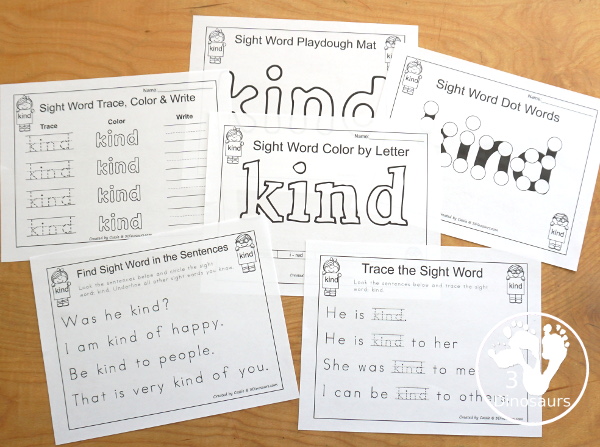 Free Romping & Roaring Third Grade Sight Words Packs Set 5: Kind, Laugh, Light, Long - 6 pages of activities for each third Grade sight words: kind, laugh, light, long. These are great for easy to use learning centers - 3Dinosaurs.com
