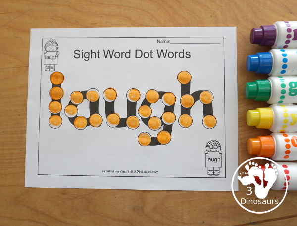 Free Romping & Roaring Third Grade Sight Words Packs Set 5: Kind, Laugh, Light, Long - dot marker sight words page has the word with dots on the letters to make a fun find motor center for sight words - 3Dinosaurs.com