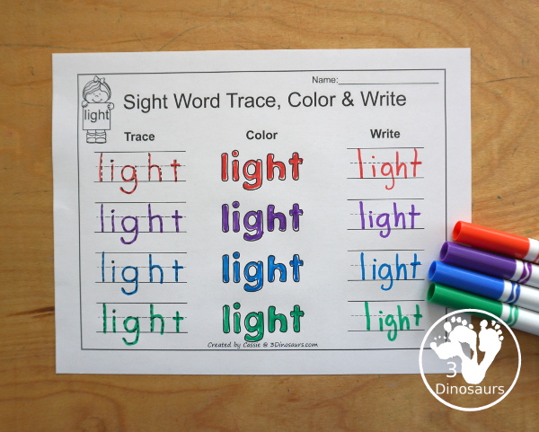 Free Romping & Roaring Third Grade Sight Words Packs Set 5: Kind, Laugh, Light, Long - trace, color, and write the sight words four times - 3Dinosaurs.com