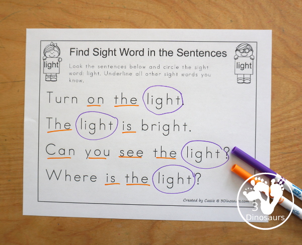 Free Romping & Roaring Third Grade Sight Words Packs Set 5: Kind, Laugh, Light, Long - color by letter worksheet with each letter having its own color - 3Dinosaurs.com