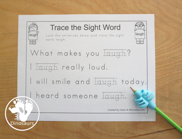 Free Romping & Roaring Third Grade Sight Words Packs Set 5: Kind, Laugh, Light, Long - Trace the sight word in the sentence is a great handwriting sight word worksheet - 3Dinosaurs.com