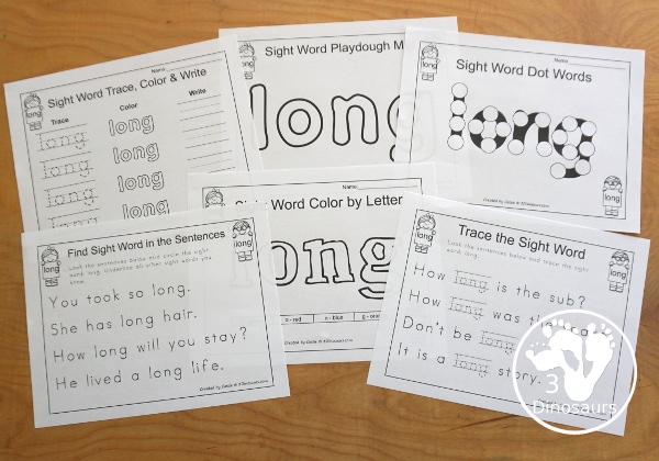 Free Romping & Roaring Third Grade Sight Words Packs Set 5: Kind, Laugh, Light, Long - 6 pages of activities for each third Grade sight words: kind, laugh, light, long. These are great for easy to use learning centers - 3Dinosaurs.com