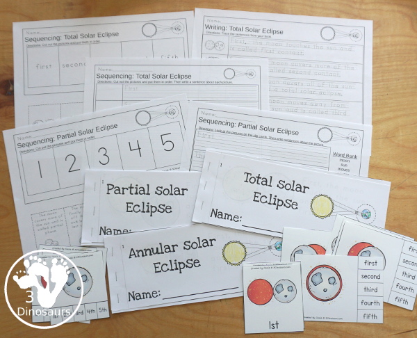 Solar Eclipse Sequencing: Partial, Annular, and Total Eclipse with writing, reading, clip cards, number order card with lots of writing and variations for the five part sequencing printables for eclipses - 3Dinosaurs.com