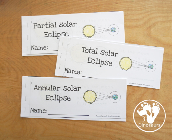 Solar Eclipse Sequencing: Partial, Annular, and Total Eclipse with writing, reading, clip cards, number order card with lots of writing and variations for the five part sequencing printables for eclipses - 3Dinosaurs.com