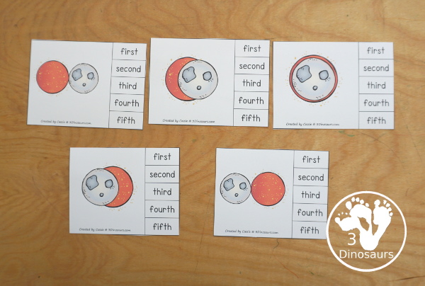 Solar Eclipse Sequencing: Partial, Annular, and Total Eclipse with writing, reading, clip cards, number order card with lots of writing and variations for the five part sequencing printables for eclipses - 3Dinosaurs.com