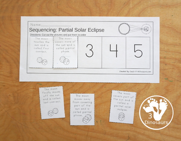 Solar Eclipse Sequencing: Partial, Annular, and Total Eclipse with writing, reading, clip cards, number order card with lots of writing and variations for the five part sequencing printables for eclipses - 3Dinosaurs.com