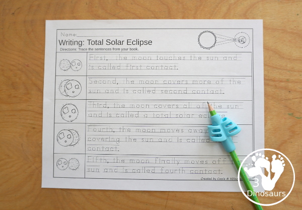 Solar Eclipse Sequencing: Partial, Annular, and Total Eclipse with writing, reading, clip cards, number order card with lots of writing and variations for the five part sequencing printables for eclipses - 3Dinosaurs.com