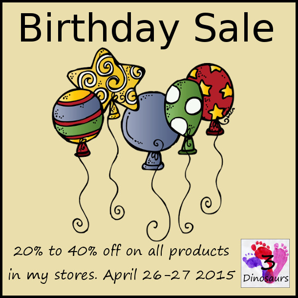 20% to 40% off Sale April 26-27, 2015 to Celebrating My Birthday! - 3Dinosaurs.com